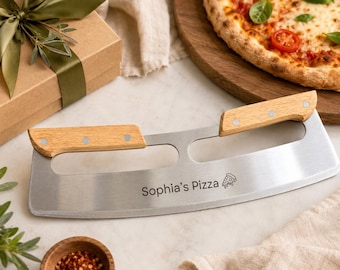 Personalized Pizza Rocker Cutter, Custom Engraved Stainless Steel Knife with Wooden Handles for Couples