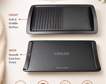 Cooliza Cast Iron Griddle Pan for Stove, Grill & Oven | Double-Sided Reversible