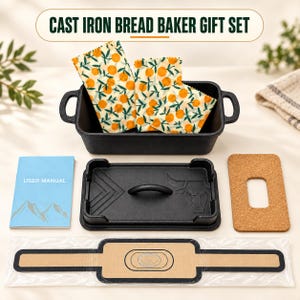May include: A cast iron bread baker gift set including a black rectangular baker with handles, a matching lid with a bull head design, three orange-patterned fabric wraps, a blue user manual, a rectangular cork trivet, and a cardboard sleeve.