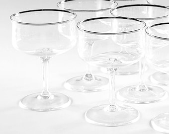 4 Vintage champagne coupe cocktail glasses w platinum rims by Lenox. Elegant Desire crystal stemware for craft cocktails and wedding toasts.