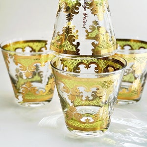 Vintage MCM glassware by Georges Briard. 4 Green & gold Carrara cocktail glasses for double old fashioneds or whiskey on the rocks. image 1