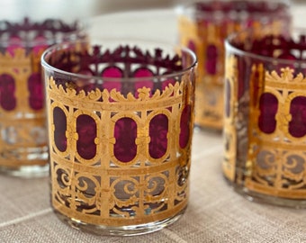 Culver glassware, 4 Cranberry Scroll cocktail glasses. Mid Century barware tumblers for old fashioneds, manhattans & whiskey on the rocks