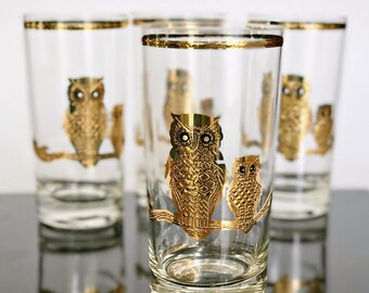 4 Vtg Culver owl glasses. Tall highball cocktail glasses for icy summer drinks. Collectible vintage MCM glass barware for retro bar decor,