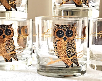 Couroc owl vintage glassware, 4 Rocks cocktail glasses for old fashioned cocktails, manhattans, Fun mid century glass bar tumblers