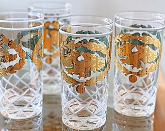 MCM Fred Press highball glasses. 4 Cut glass tumblers with turquoise & gold federal eagles. Collectible atomic style Americana glassware NOS