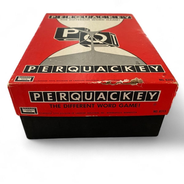 Collectible Perquackey "a different word game".  Original 1956 boxed set by Lakewood Toys. Timed spelling w/ letter cubes. Complete.