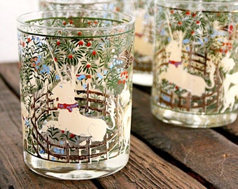 Cera unicorn glassware, 4 cocktail glasses for whiskey on the rocks, manhattans, & old fashioneds. Vintage collectible barware tumblers.