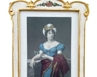 Antique framed portrait of Madame De Stael. Colored steel engraving of famous Swiss French woman writer Napoleonic Era