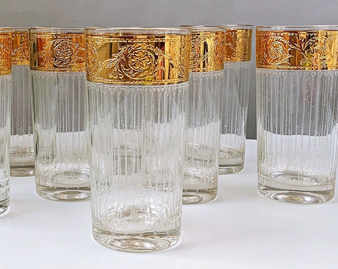 Mid Century Culver Glassware / 4 Tyrol Gold Band Highball Cocktail