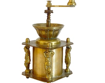 Antique solid brass coffee mill, Ornate decorative spice grinder with Putti. Rustic condition, NEEDs REPAIR Read carefully & SEE PHOTOS