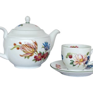 32 oz English china teapot set with cup and saucer. Royal Worcester fine porcelain colorful floral design. Mom's breakfast set image 1