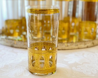 4 Vintage Culver glasses. Antigua gold glass barware tumblers for Whiskey highballs & cocktails. Glam Hollywood regency home bar decor MINT