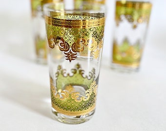 Vintage Georges Briard Highball Glasses: Carrara Green & Gold Barware, Set of 4