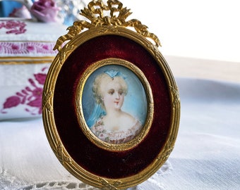 19th Century signed portrait miniature, Antique watercolor, Victorian woman in gilt gold French ormolu easel frame