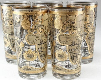 4 Vintage cocktail glasses Cera world map highball glasses Mid century barware tumblers Nautical Bar Decor Gift for the home