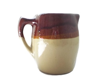 18 oz Heavy stoneware milk pitcher, mold made with seam and brown drip salt glaze, Collectible primitive country kitchen shelf decor,