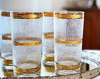 MCM Culver glassware. Set of 4 Icicle Gold band bar tumblers. Tall cocktail glasses for whiskey highballs & tom collins.