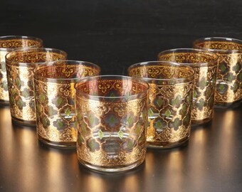 Vintage Culver glassware, 6 Valencia lowball cocktail glasses. Gold & green tumblers for whiskey on the rocks. MCM bar cart display barware,