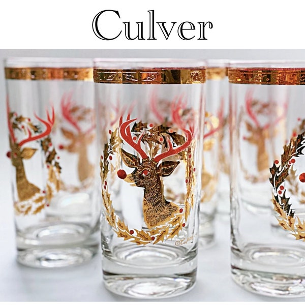 4 Jeweled Culver glasses, Christmas highball cocktail glasses, Scotch whiskey glasses, Red & gold Christmas holiday Cocktail party glasses