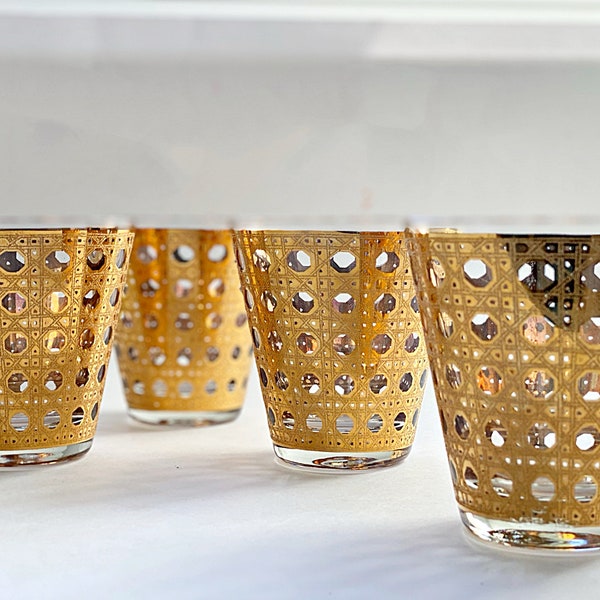 Vintage Culver gold glasses 4 Cannella double old fashioned cocktail glasses whiskey rocks glasses Hollywood Regency gold barware MINT!