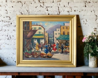 15 X 13" Vintage framed oil painting on canvas. MCM colorful street market scene. Impressionist art featuring people. OOAK Signed Original