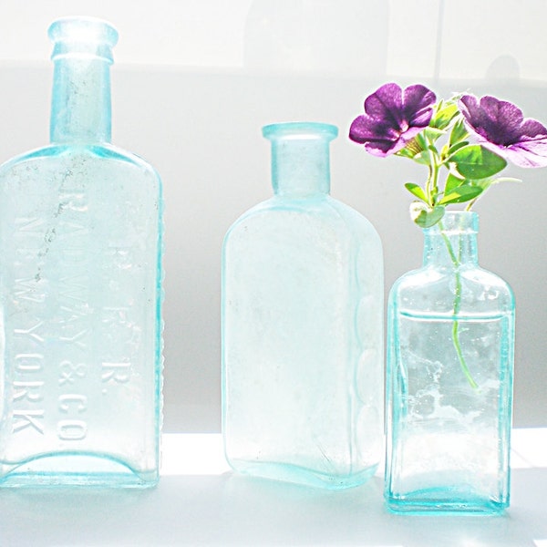 Apothecary Bottle Collection Old Turquoise Bottles Watery Blue Glass Upcycled Chic Wedding Vase