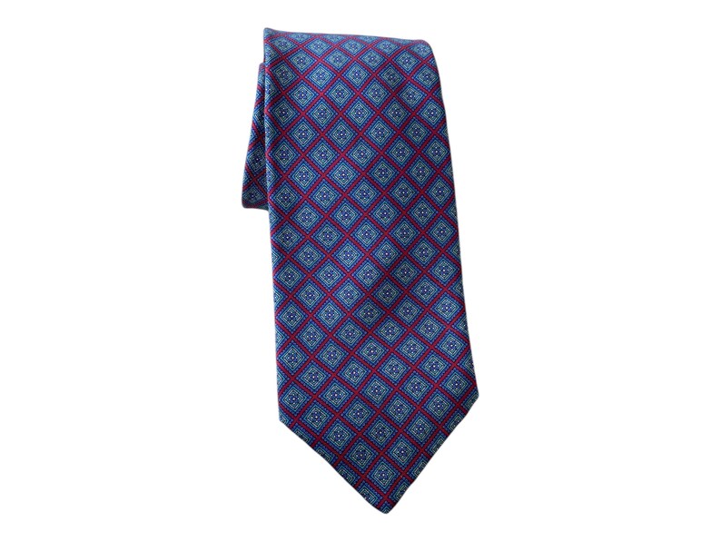 Vtg blue and red medallion silk tie. 3 Classic geometric foulard necktie by Graham Lockwood of London England image 1