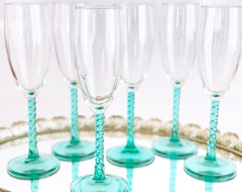 6 Vintage champagne flute glasses with twisted aqua stem. Luminarc Angelique wedding toasting glasses, Postmodern stemware
