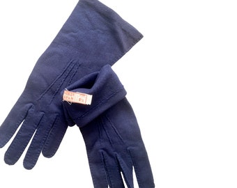 Vintage navy blue gloves in stretch nylon. A fun spring retro fashion accessory for Easter or formal prom wear c. 1950s - 60s