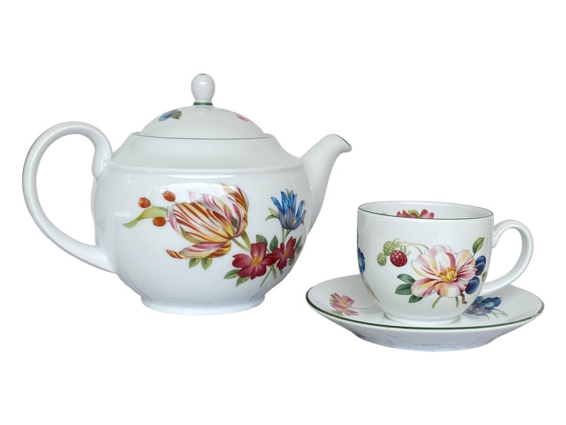 32 oz English china teapot set with cup and saucer. Royal Worcester fine porcelain colorful floral design. Mom's breakfast set image 1