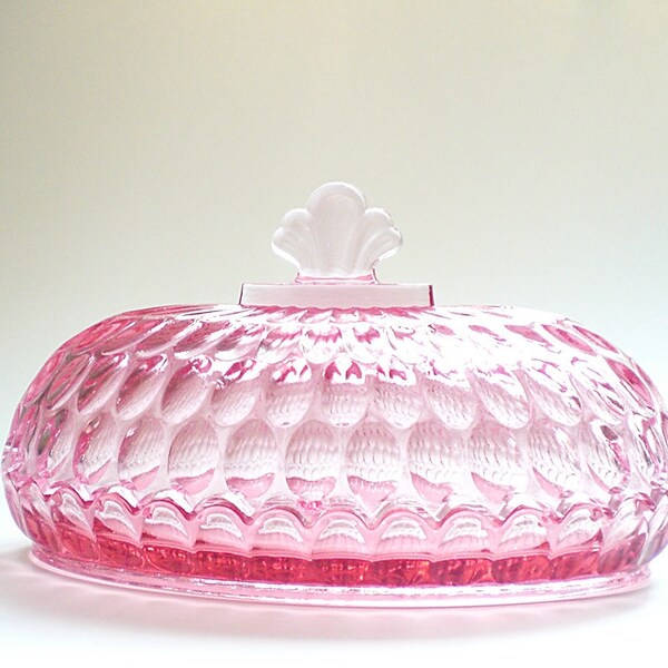 Vintage Butter Dish & Lid,  Pink Pressed Glass, Cranberry Thumbprint