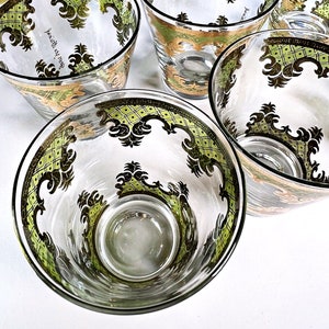 Vintage MCM glassware by Georges Briard. 4 Green & gold Carrara cocktail glasses for double old fashioneds or whiskey on the rocks. image 6