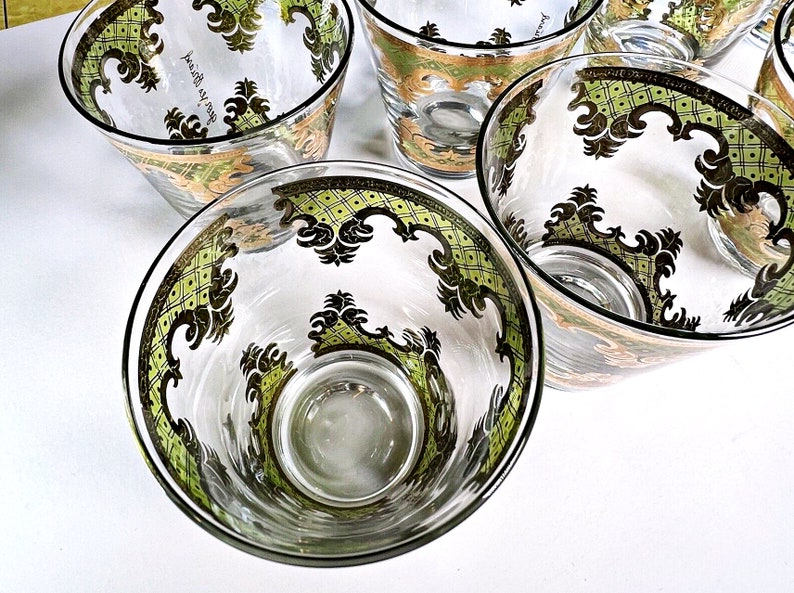 Vintage MCM glassware by Georges Briard. 4 Green & gold Carrara cocktail glasses for double old fashioneds or whiskey on the rocks. image 6