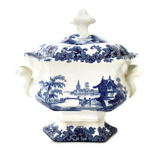 Collectible China Flow Blue Serving Bowl Small Covered Tureen Vegetable Sauce Blue & White Oriental Romantic  Cottage Chic Table Setting