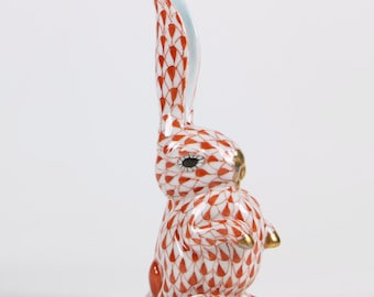 Herend Hungary Bunny Rabbit Figurine: Rust Fishnet Porcelain, #3525