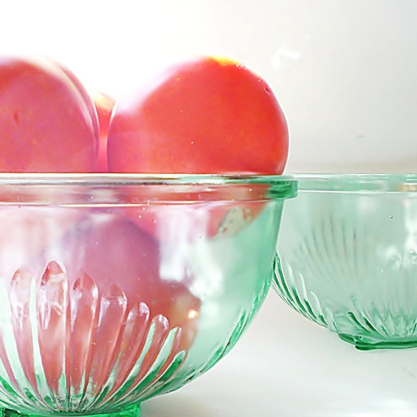 Vintage Kitchen Bowl Set, Green Glass Fruit or Mixing Bowls, Kitchen Decor