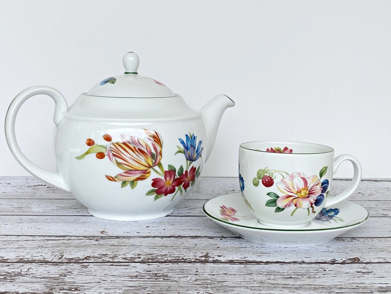 32 oz English china teapot set with cup and saucer. Royal Worcester fine porcelain colorful floral design. Mom's breakfast set image 6