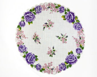 Round floral vintage handkerchief with purple roses and pink flowers. Pretty spring hanky with scalloped edge. Easter keepsake gift