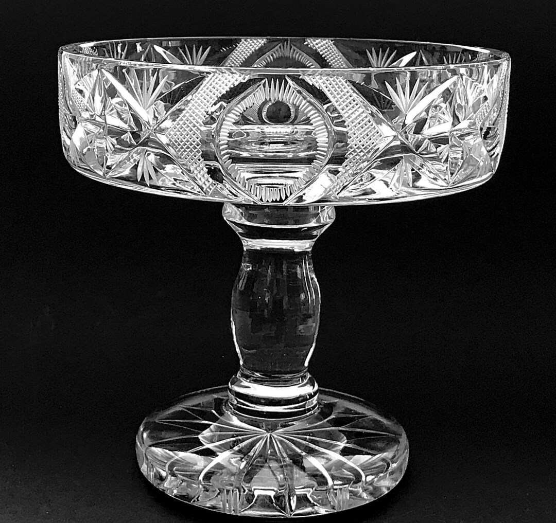 Antique Cut Glass Compote, a Heavy Footed Pedestal Fruit Bowl for Tabletop Display. Vintage