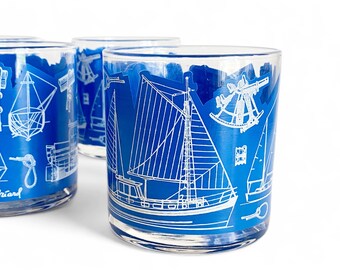 5 Vintage nautical theme rocks glasses by Georges Briard. Come sail away cocktail tumblers in marine blue blueprint. Beachy vibes bar decor