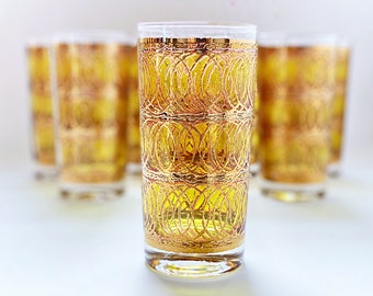 Early Georges Briard glassware. 4 MCM bar glasses in green & gold Rondo pattern. Mid Century Modern brutalist barware c.1960