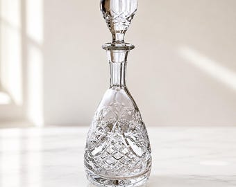 Vintage Cut Crystal Decanter with Stopper, 1980s Floral Etched Glass Barware