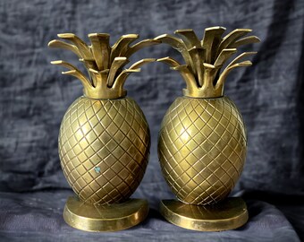 Pair of 9" vintage brass pineapple bookends for home office bookshelf accents. Gift for book lovers.