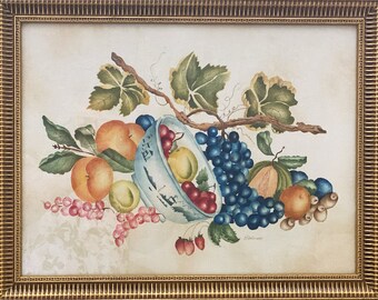 Framed bowl of fruit theorem painting. Primitive American folk art still life, hand painted stencil on velvet.  19 X 14"