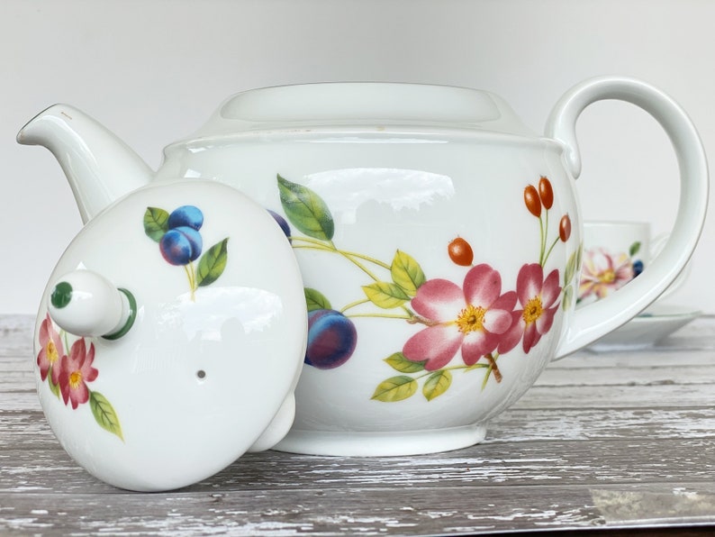 32 oz English china teapot set with cup and saucer. Royal Worcester fine porcelain colorful floral design. Mom's breakfast set image 7