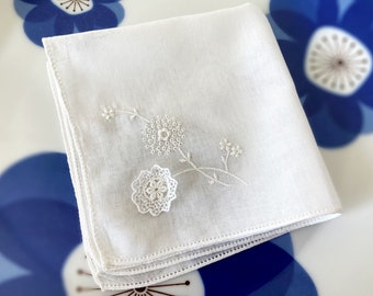 Vintage wedding hanky. White on white embroidered and appliqued linen handkerchief for the bride. Traditional something old keepsake.