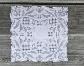 Vintage Appenzell lace wedding Hankie, White pulled thread embroidered Bridal Handkerchief, Something old wedding keepsake