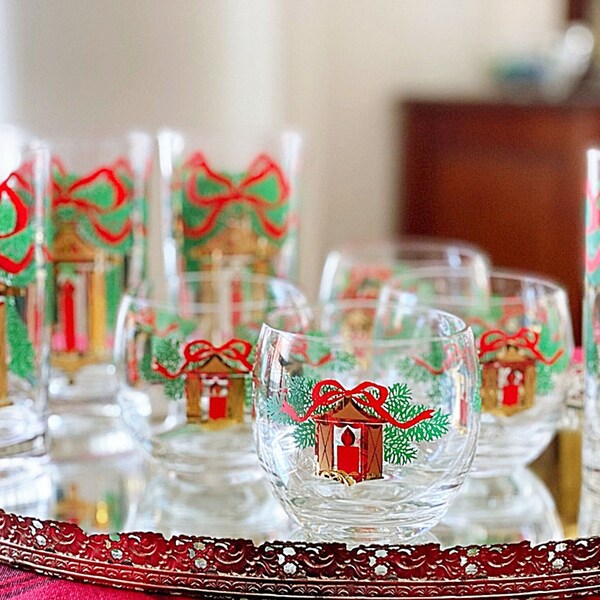 Vintage Christmas glassware Red & green roly poly whiskey cocktail glasses Traditional Christmas home decor Holiday party bar glasses