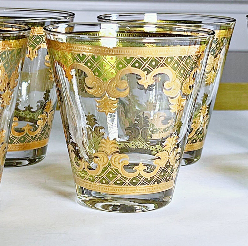 Vintage MCM glassware by Georges Briard. 4 Green & gold Carrara cocktail glasses for double old fashioneds or whiskey on the rocks. image 2