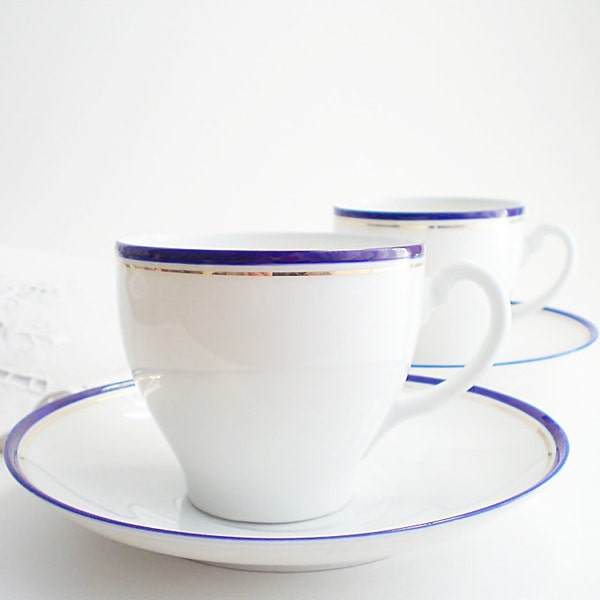 Vintage China Tea Cups and Saucers White Porcelain Cobalt Blue Trim